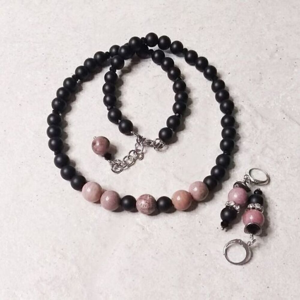 Pink Rhodonite Necklace & Dangle Earrings — Elegant, Soft, Business‑Ready